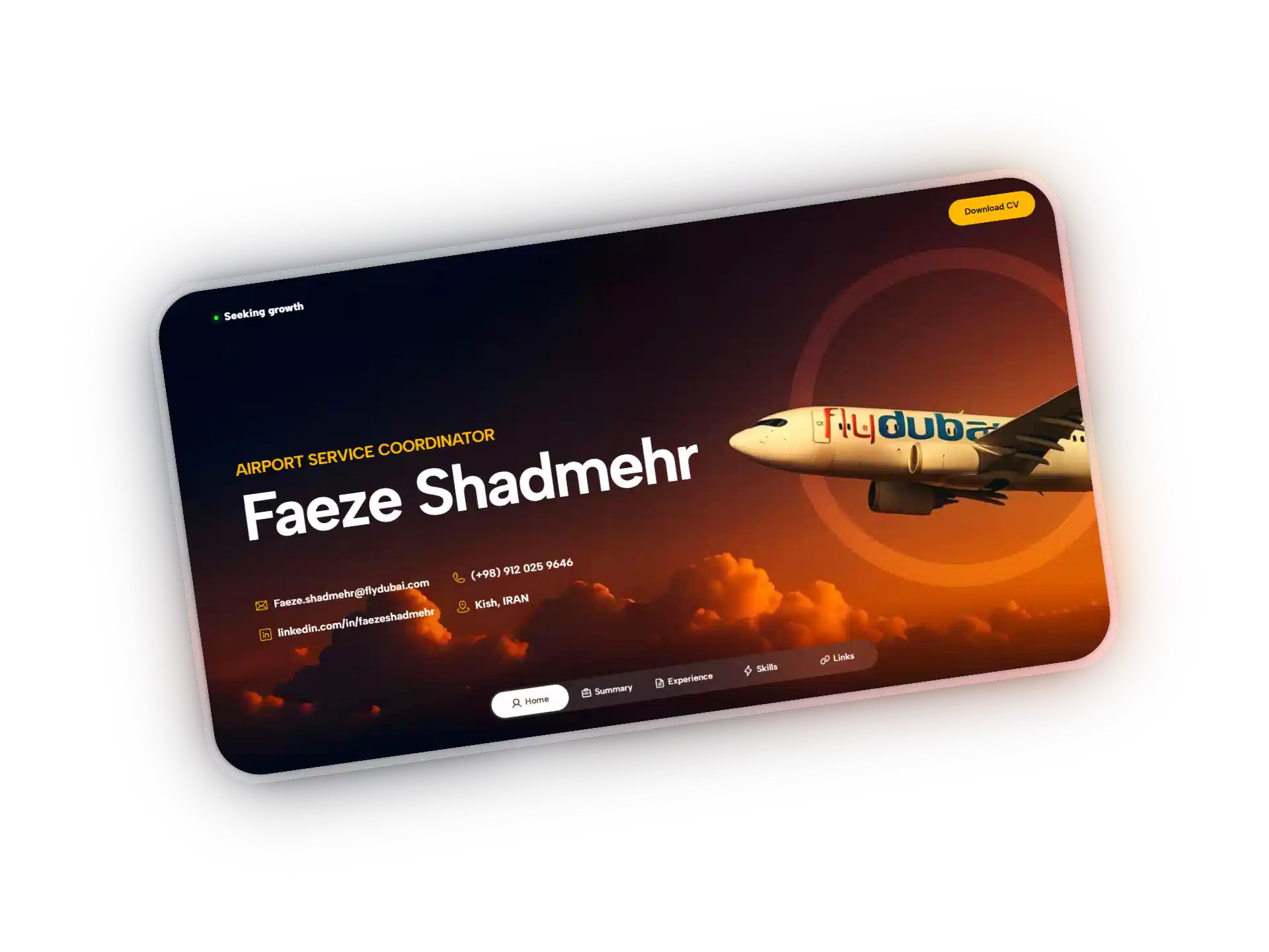 در این پروژه از ابزار Framer برای طراحی یک صفحه رزومه مدرن و ریسپانسیو استفاده شده که اطلاعات شغلی، مهارت‌ها و نمونه‌کارهای فائزه شادمهر را به شکلی منظم و تاثیرگذار نمایش می‌دهد.